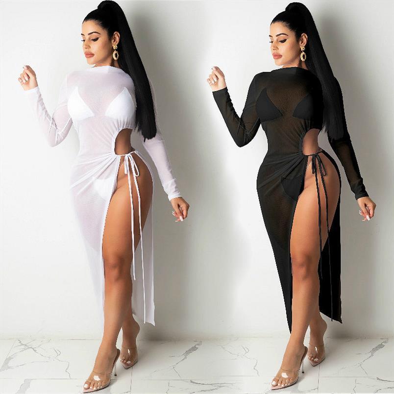 

mesh sheer maxi split summer womens dress long sleeve see through bodycon club beach swimwear cover ups, Black;gray