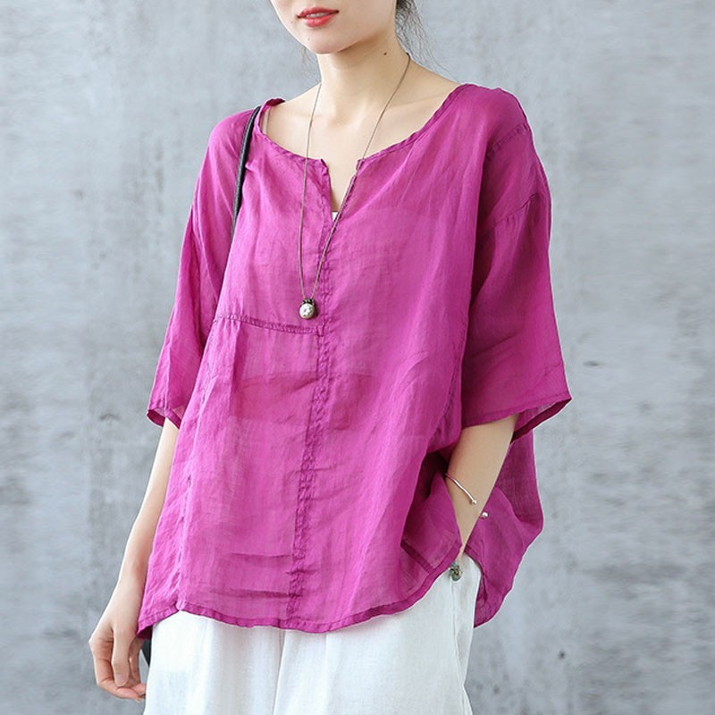

Johnature Leisure Retro V-neck Short Sleeve Solid Color Pullover Shirt Summer Simple Comfortable Plus Size Women Tops 210521, Purple