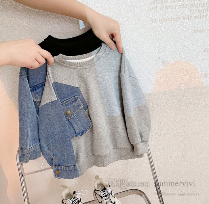 

Boys splicing denim sweatshirt kids round collar long sleeve loose casual pullover children velvet warm jumper Q3345, Gray