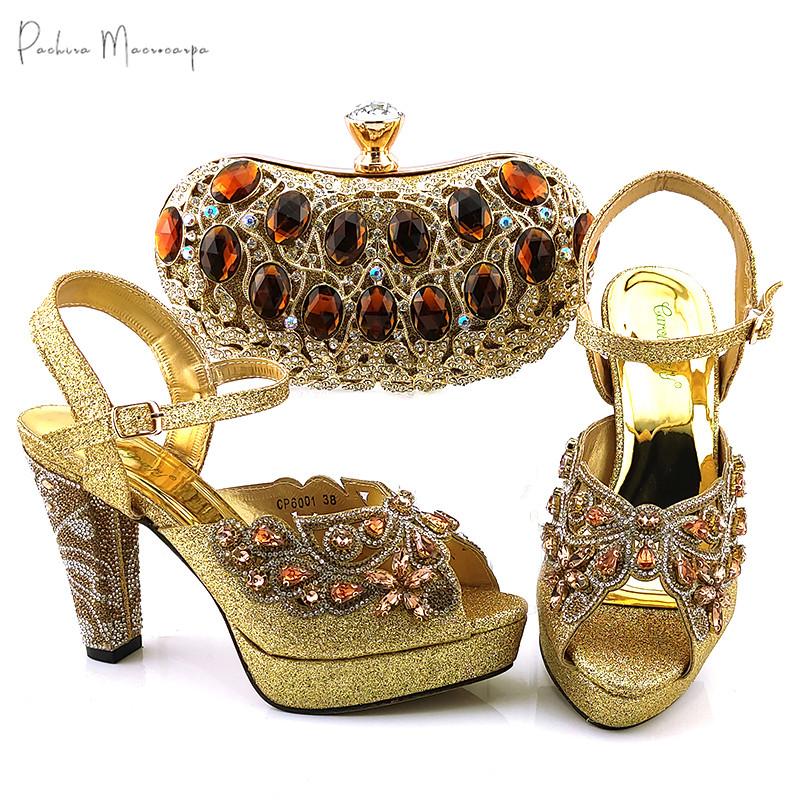 

Dress Shoes 2021 African Est Italian Design Nigerian Fashion Style Party Women And Bag Set Decorated With Rhinestone In Gold Color, Black