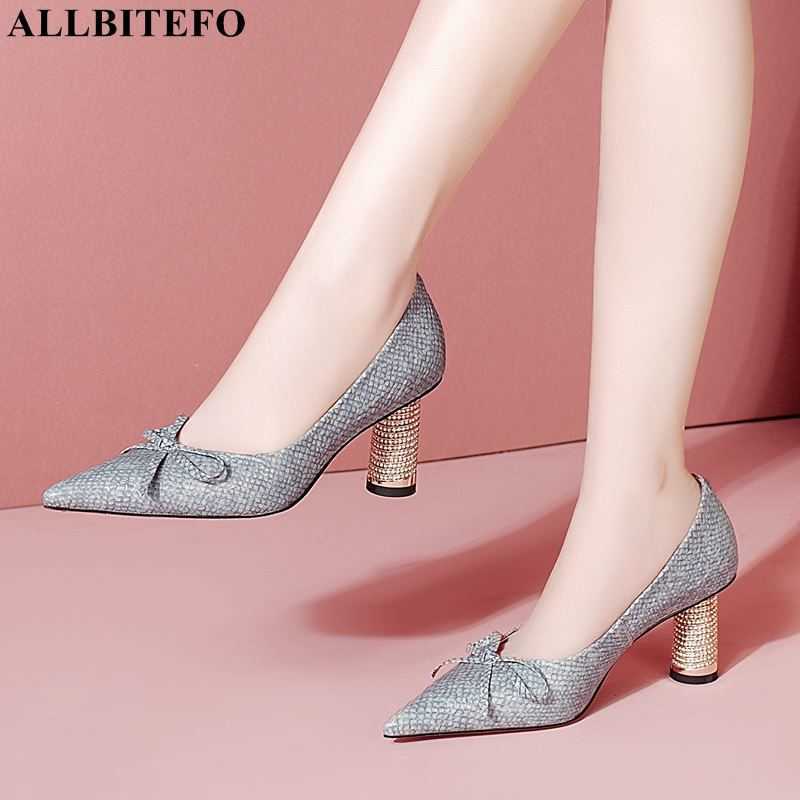 

ALLBITEFO genuine leaher sweet bowtie brand high heel shoes thick heels wedding women shoes autumn women high heels shoes 210611, As picture