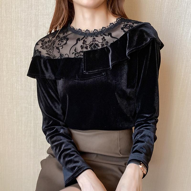 

Women's Blouses & Shirts Women Long Sleeve Blouse Vintage 2022 Autumn Spring Fashion Black Velvet Tops Sexy Lace Up Mesh Blusas Elegant 1672, White