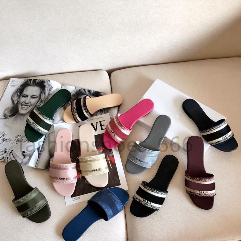 

16 color Luxury designer slippers women sandals denim ladies summer flat outdoor beach rainbow fashion Flops Striped Leather Flowers with box 35-42, Black