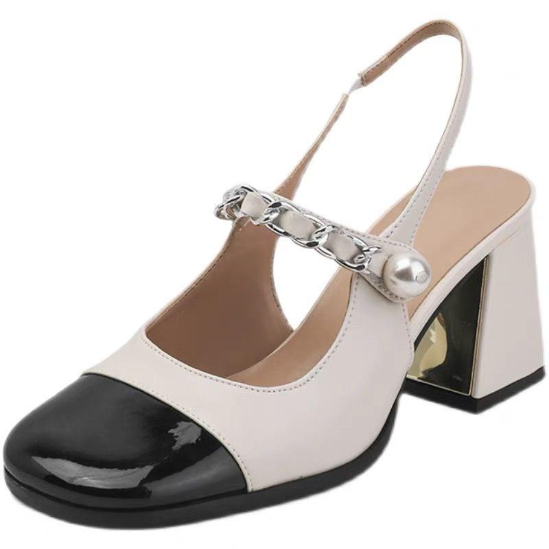 

Dress Shoes 2021 French Style Retro Mary Jane Women Chunky Heel Square Toe Buckle Back Empty Closed Sandals A565, White