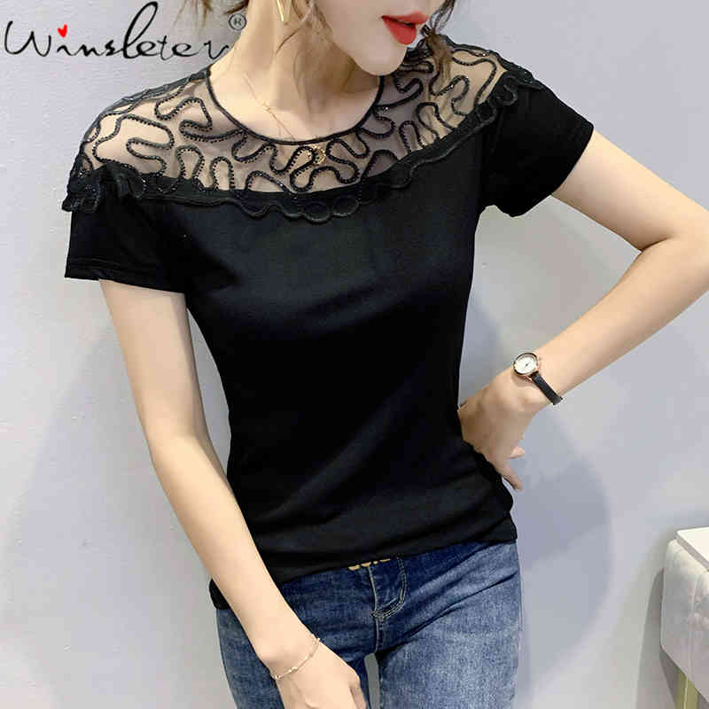 

Women's T-Shirt Summer Korean Style Mesh Leopard Pullover Shiny Diamonds Transparent Women Tops Short Sleeve Sexy Back Tees T14028, Black tshirt