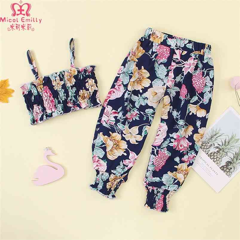 

Summer Children Sets Fashion Girls Strap Tops Long Pants Print Floral Clothes 1-5T 210629, Multi