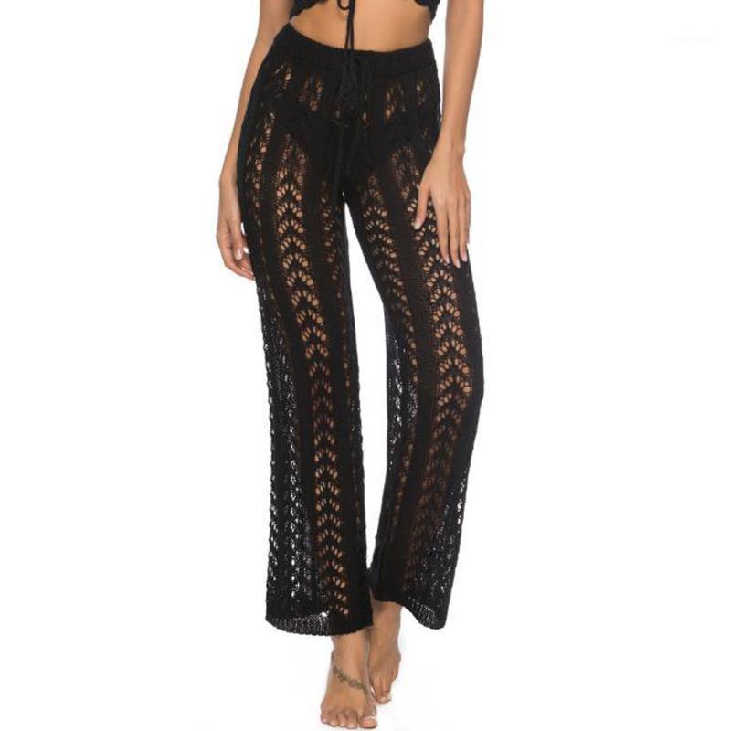 

Women's Pants & Capris Sexy Hollow Out Elastic Fishnet Trousers Women Summer High Waist Wide Leg Loose Black Fashion See Through Beachwear P, Black;white