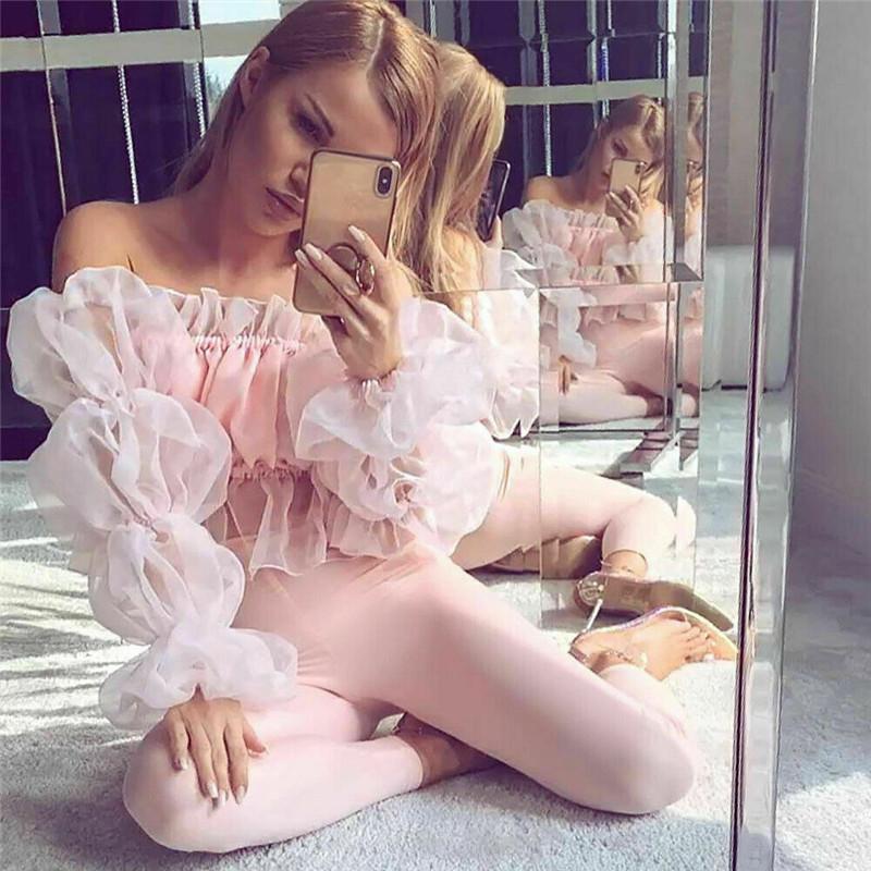 

Women' T-Shirt Sexy Off Shoulder T-shirts Solid Color Sheer Mesh Long Puff Sleeves Tops Wear Female Spring Summer See-through Pullovers Tee, Blue