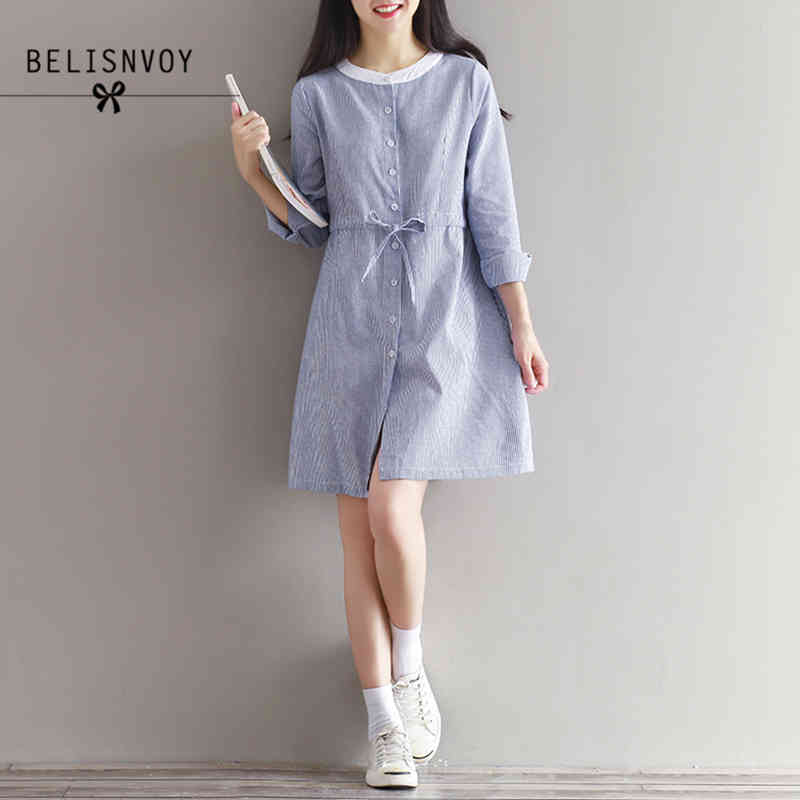 

Mori Girl Autumn Literature Sweet Striped Dress Single Breasted Bow Drawstring Waist Long Sleeve Cotton Linen Women Dresses 210520, Blue