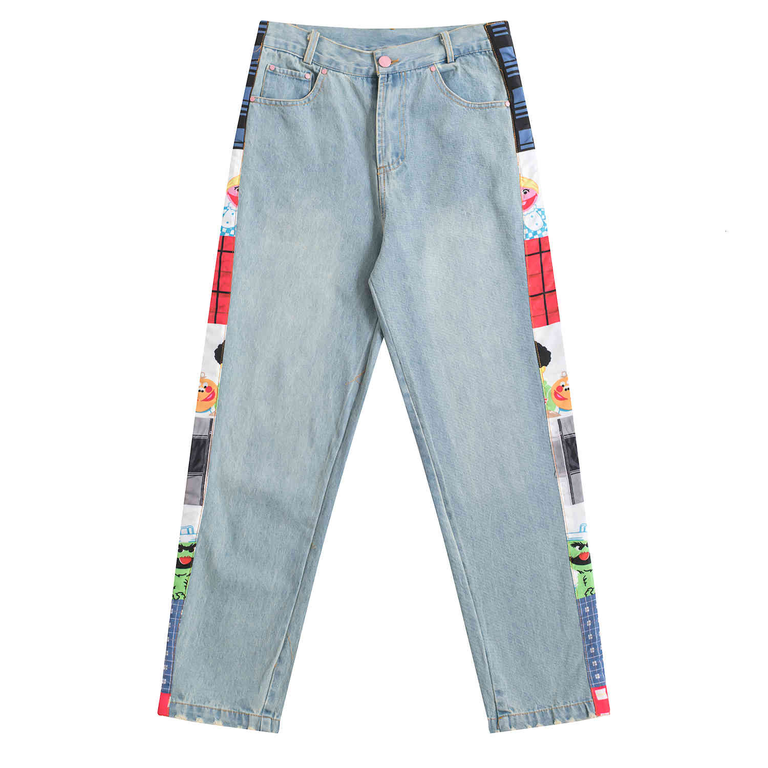 

Men's Jeans Ins female jeans, vintage women's clothing, long length, with side print, sesame street pattern, ladies'jeans, torn, torn CM37, 1# shoe box