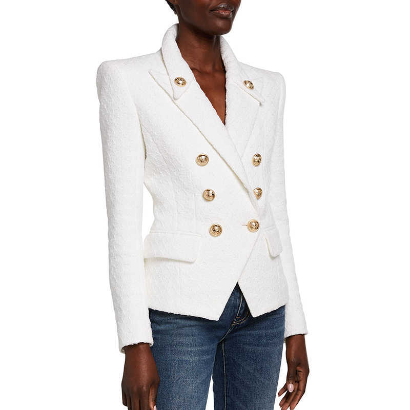

HIGH QUALITY est Designer Jacket Women' Double Breasted Lion Buttons Slim Fitting Tweed Blazer 210526, White