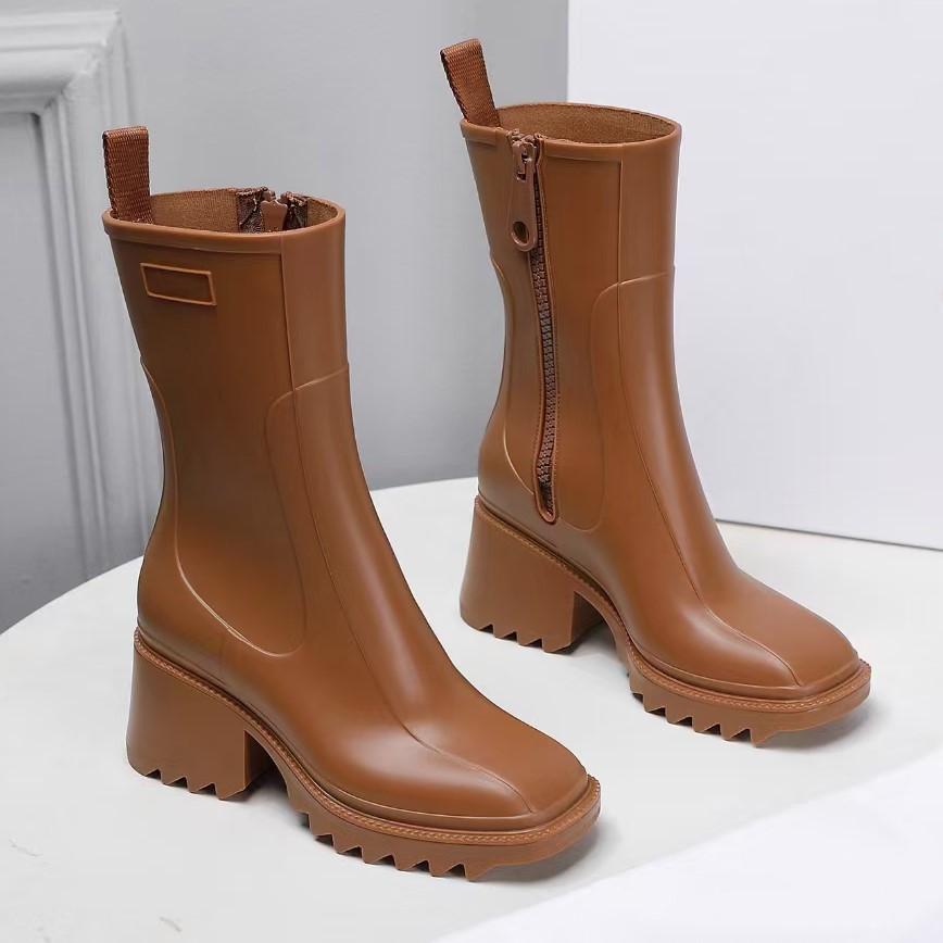 

high quality chunky heel side zipper leather boots woman wave glue rain shoes size 35-40, Black