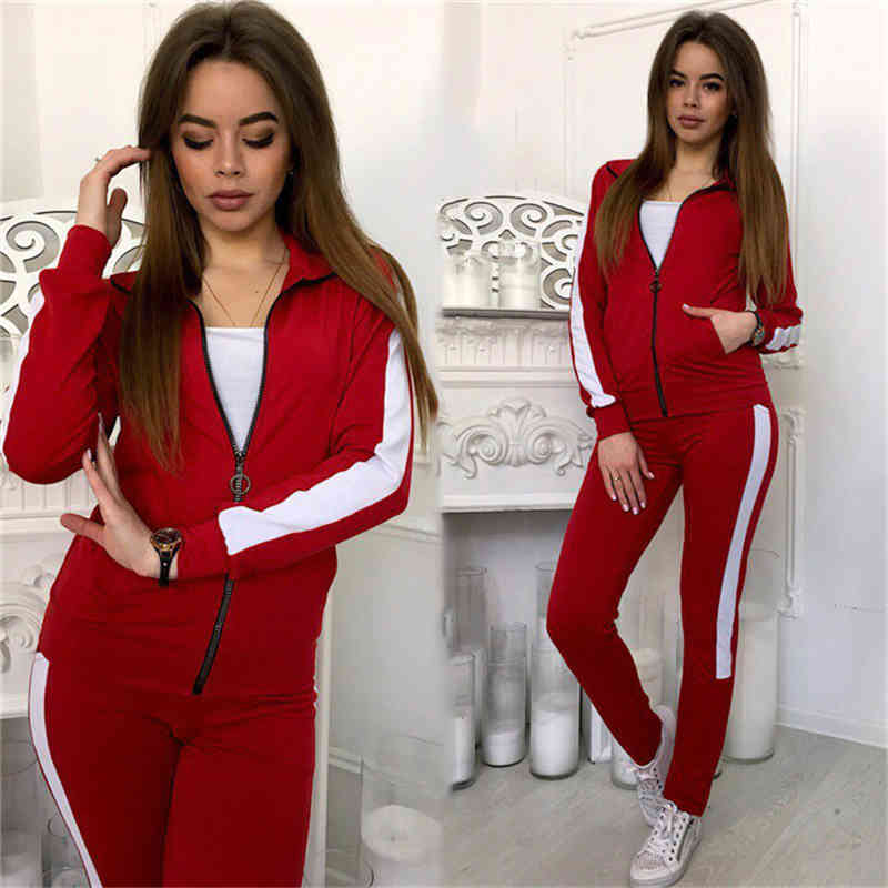 

Women' Tracksuit Pockets Spring Autumn Solid Black Suit Sport Set Zipper Tops Jacket + pant 210520, V47-1199b