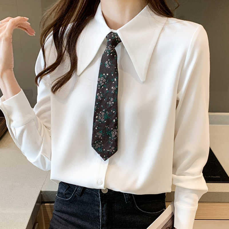 

Long Sleeve White Blouse Turn Down Collar Office Chiffon Blouse Shirt Blouse Women Blusas Mujer De Moda Women Blouses E283 210602