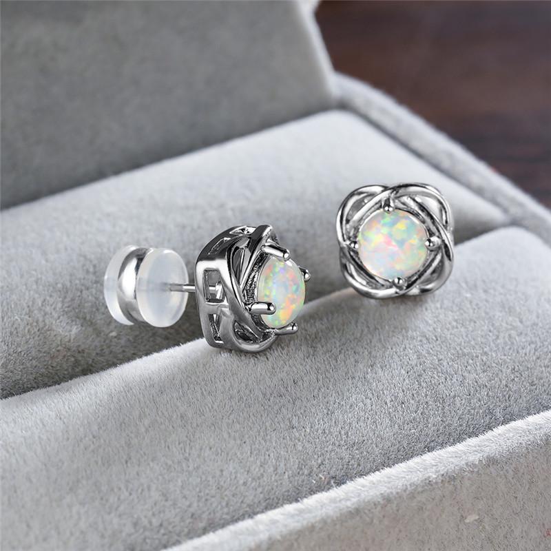 Stud White Fire Opal Earrings Multicolor Round Stone For Women Engagement Jewelry Vintage Silver Color Wedding-image-698115531