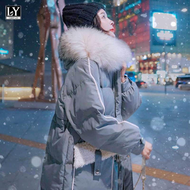 

LY VAREY LIN Cotton Coats Winter Lamb Wool Patchwork Pockets Real Fur Collar Korean Style Loose Thicken Hooded Parkas 210526, Brick-red