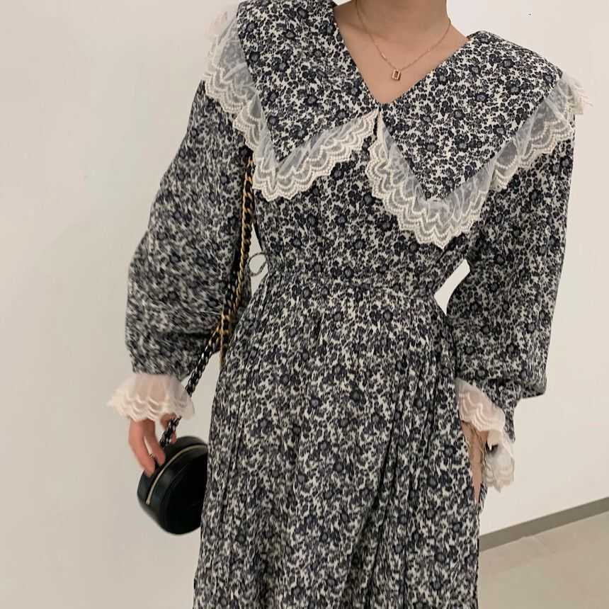 Two Piece Dress Floral Print Party Lace Peter Pan Collar Long Midi Sleeve Spring Vintage High Waist Korean Loose Z153 7ME3-image-701684860
