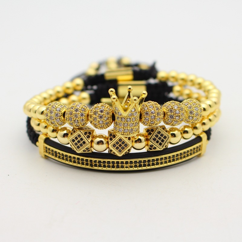 

Men's Jewelry 8mm 6 Cz Diamond Ball Crown Woven Bracelet Copper Bead Fashion, Silver