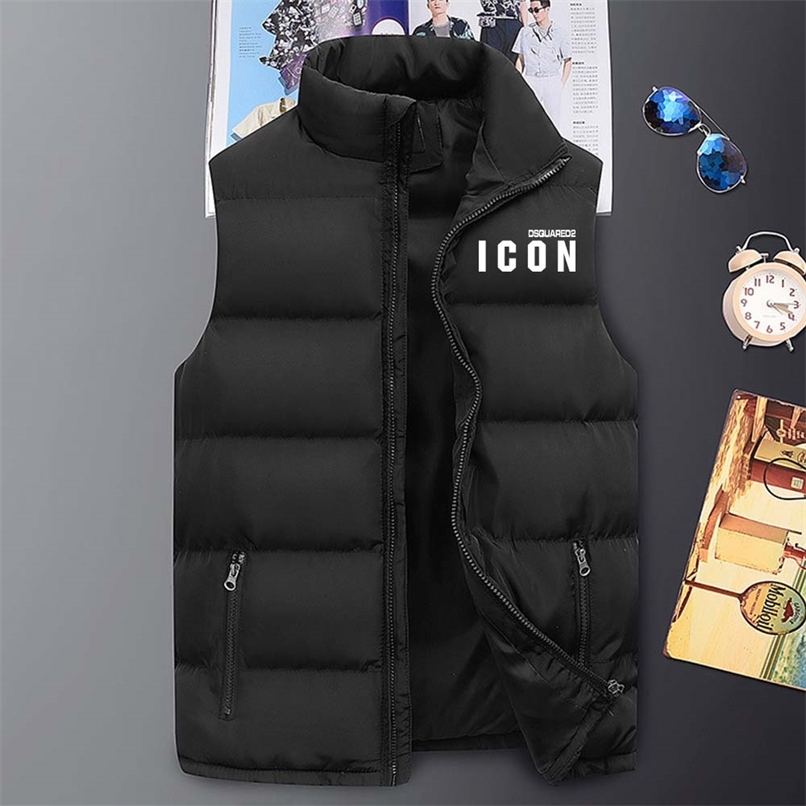 

Fashion Men's Winter Solid Color Sleeveless Zipper Warm Down Jacket Cotton Padded Waistcoat Coat Dsq Printed Outdoor Homme Veste 220108, Navy blue