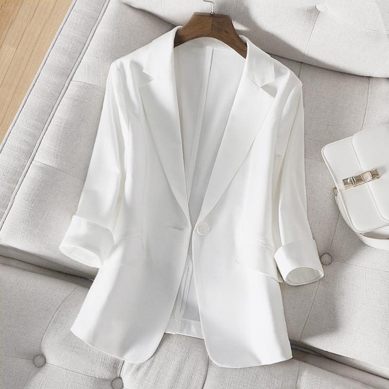 

Women's Suits & Blazers 2021 Spring And Summer White Linen Suit Fashion Casual One-button 7-point Sleeve Short Thin Jacket, Blue