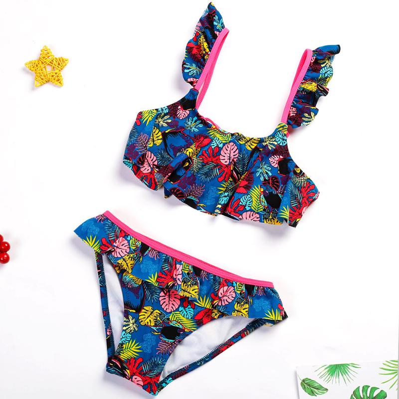 

Flounce Girls Swimsuit Tropical Plant Teenage Girl Bikini Set Ruffle Two Piece Children's Swimwear 3-14 Years Bathing Suit One-Piece Suits