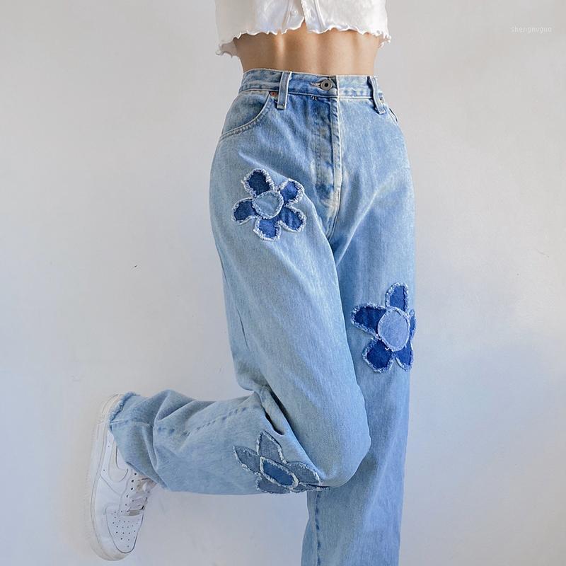 

Women' Jeans Stylish Floral Embroidery Straight Y2k 2021Fashion Boyfriends High Waist Denim Pants For Women Female Capris Streetwear, Blue jeans