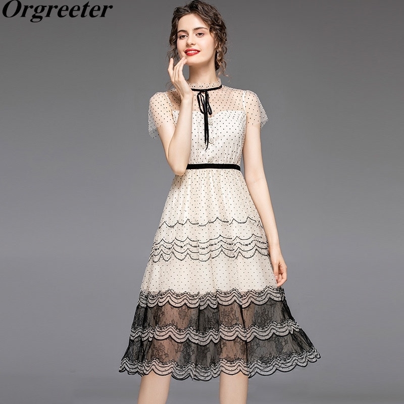 

Summer Dress Arrival Sequined Mesh Embroidery Sweet doll collar French White for Women Flying Sleeve Lace e 210525, Picture color