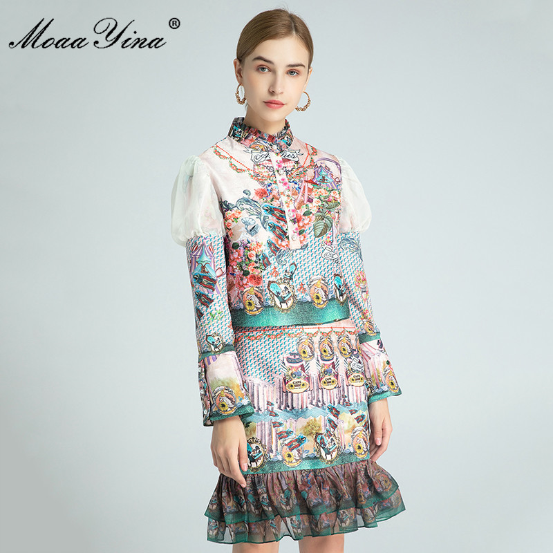 

Fashion Designer Set Spring Autumn Women's Long sleeve Tops+Ruffles Short skirt Floral-Print Elegant Two-piece set 210524, Multi