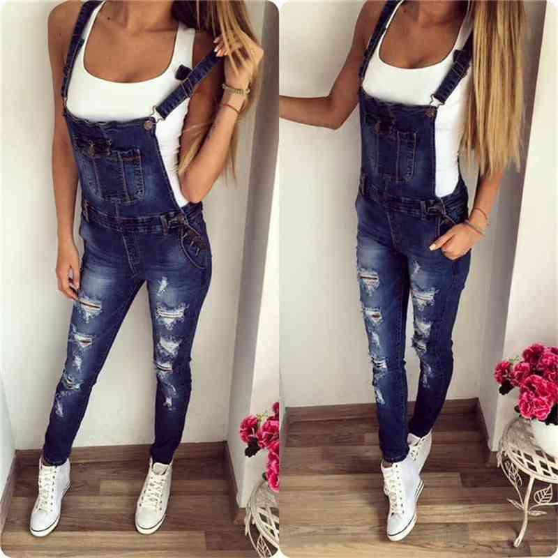 

QNPQYX Casual Boyfriend Ripped Jeans Jumpsuit Romper Women Pants Hole Sleeveless Denim Overalls For 1321 210629, Sky blue