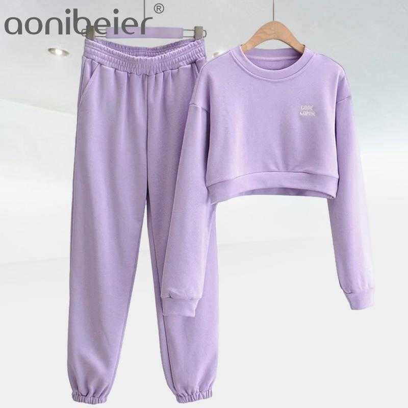 

Streetwear Letter Embroidery Set Fashion Pullover Jacket And Pant Punk Women Suit Tracksuit 2 Piece Outwear 210604, Purple