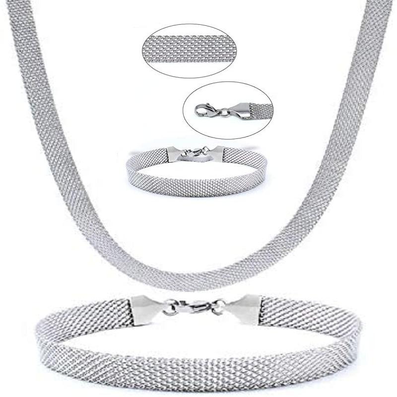 

Chains 8MM Mesh Chain Necklace Bracelet Set For Women Stainless Steel Weaved Choker Boho Adjustable Jewelry Chunky Statement Punk Gift, Silver