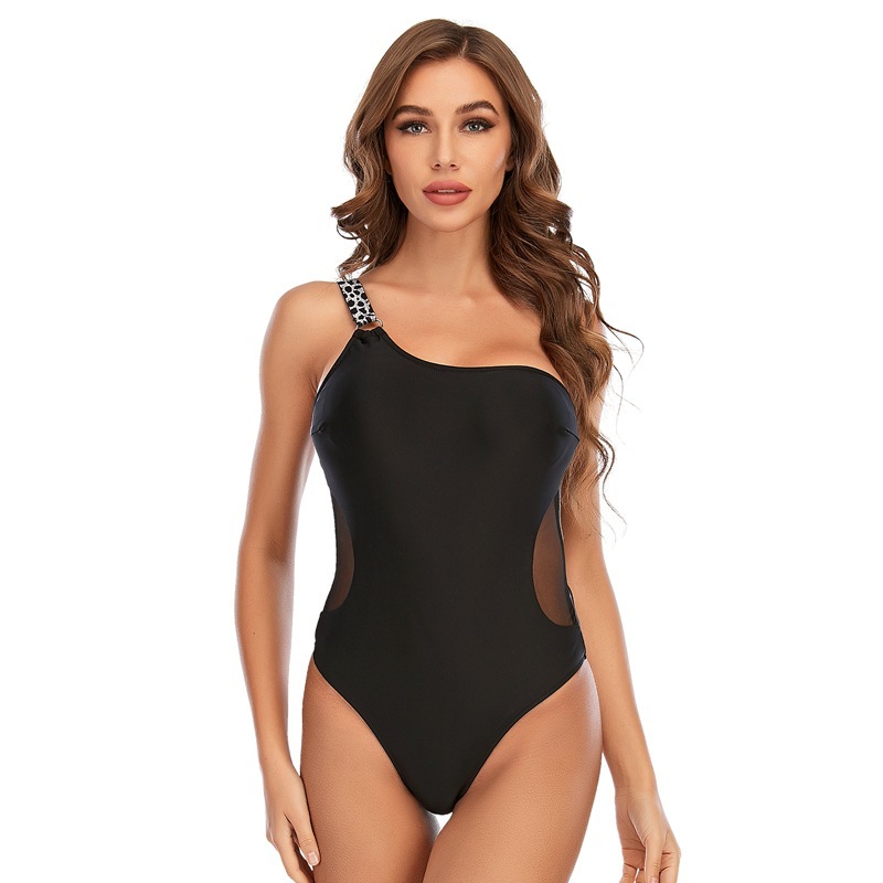 

Sexy One Shoulder Swimsuit Piece Mesh Black Swimwear Women Monokini Leopard Bathing Suit Large Size XL  210520