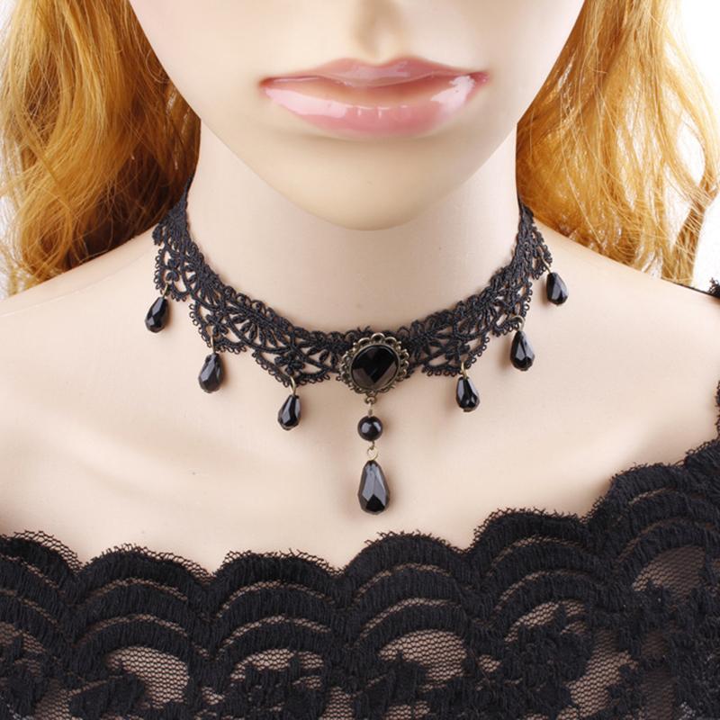 

Chokers Collares Sexy Gothic Crystal Black Lace Neck Choker Necklace Vintage Victorian Women Chocker Steampunk Jewelry