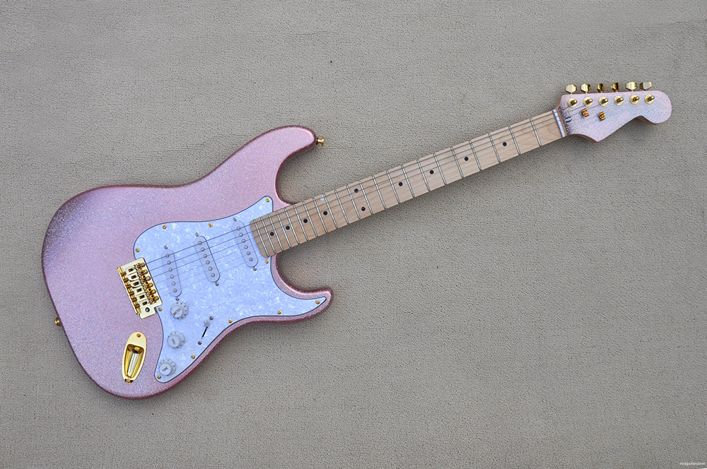 

Pink Granule Paint Electric Guitar with Maple neck,White pearl Pickguard,Gold Hardware,Provide customized services