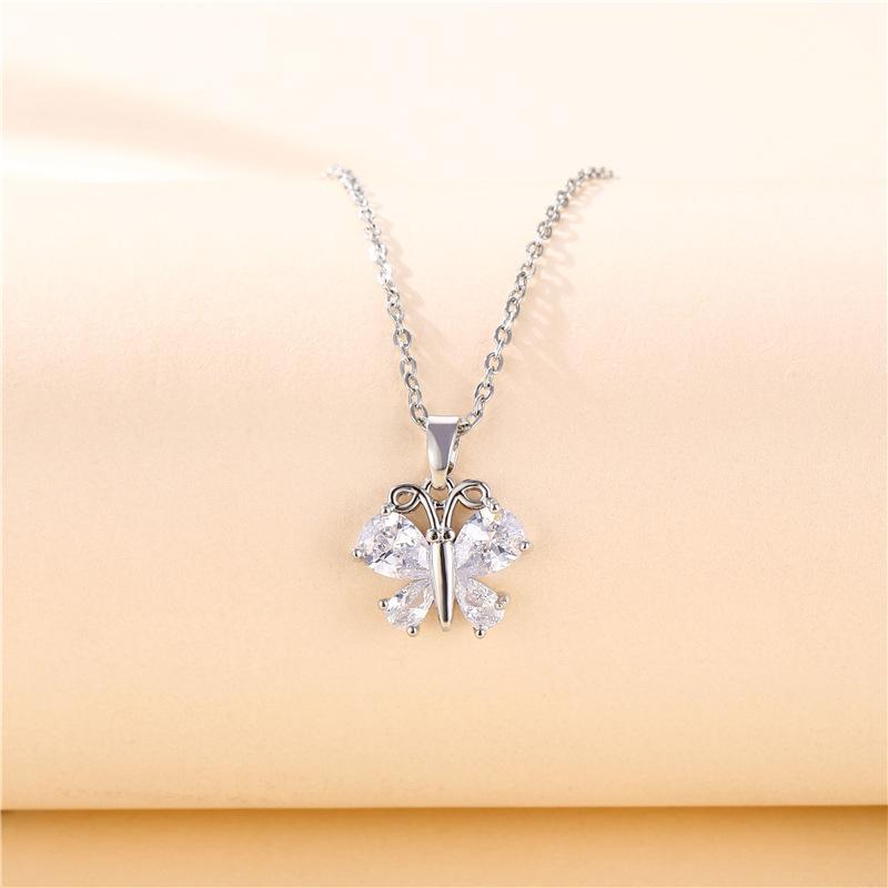 

Pendant Necklaces One Piece Stainless Steel Necklace Rhinestone Butterfly Pendnat For Women Flash Zircon Insect Jewelry Christmas Gift