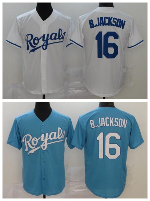 

2020 Men Baseball 16 Bo Jackson Jersey Vintage Team Color Blue Away White Cool Base Embroidery And Sewing Breathable Top Quality, Blue;black