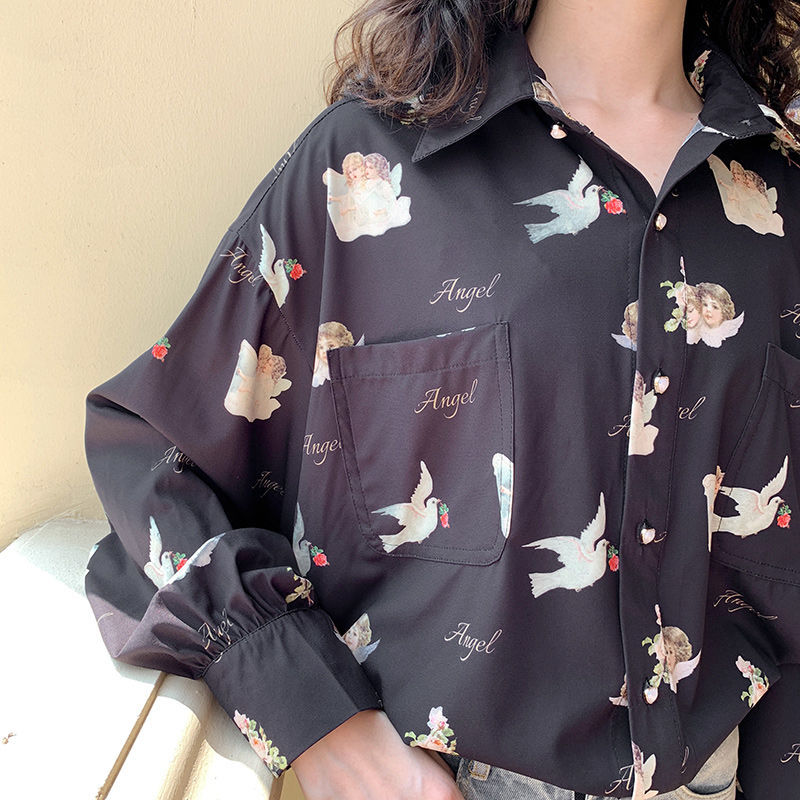 

Harajuku Angel Print Womens Shirt Vintage Elegant Blouse Women Autumn Lantern Sleeve Female Clothes Loose BF Shirt 210518, Black