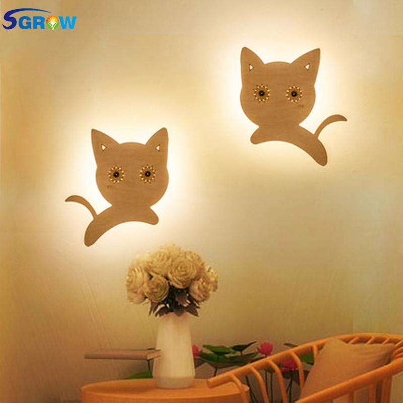 

Creative Wooden Cats Wall Lamp Children Cartoon Lovely Lights For Bedroom Dinning Room Aisle Stairs Sconce LED Light