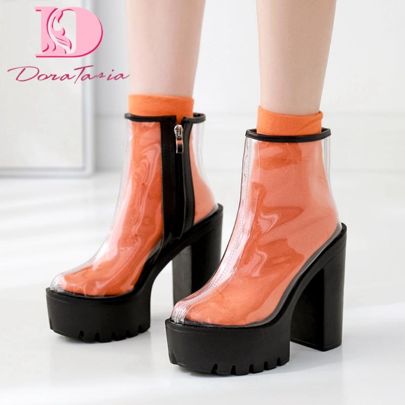 

Boots DoraTasia 2021 Spring Ladies PVC Ankle Fashion Paltform Chunky High Heels Women Novelty Party Shoes Woman, Black