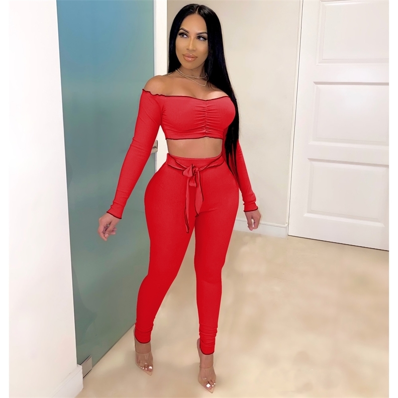 

Sexy Designers Women Two Piece Outfits One-shoulder High-waist Top Long Sleeve Legging Sets, White