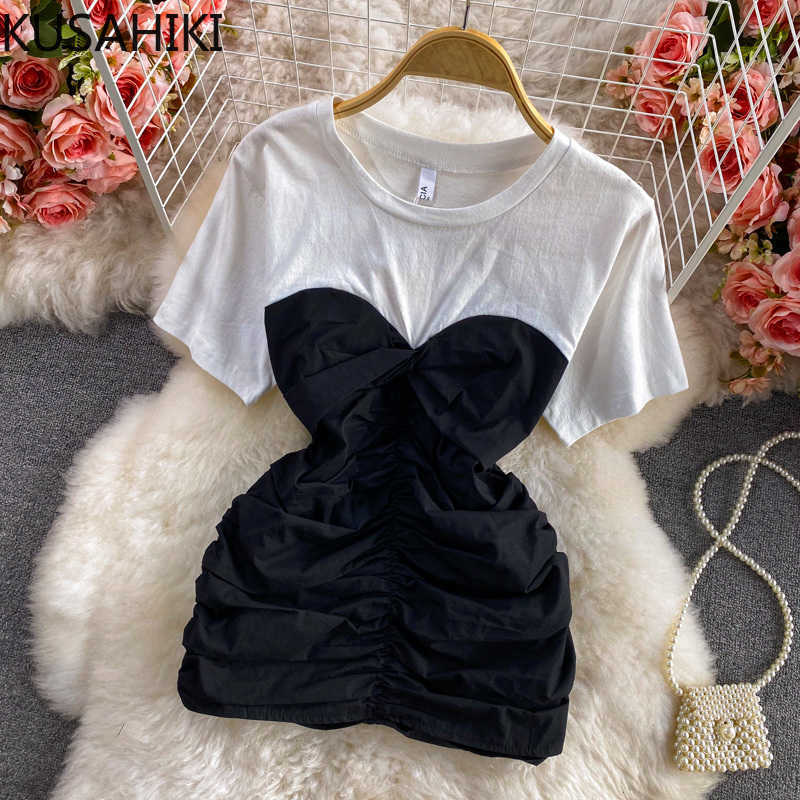 

Korean Folds Slim Waist Woman Tshirts Fake Two Pieces Short Sleeve O-neck Graphic T Shirts Summer Tops 6G553 210603, Black