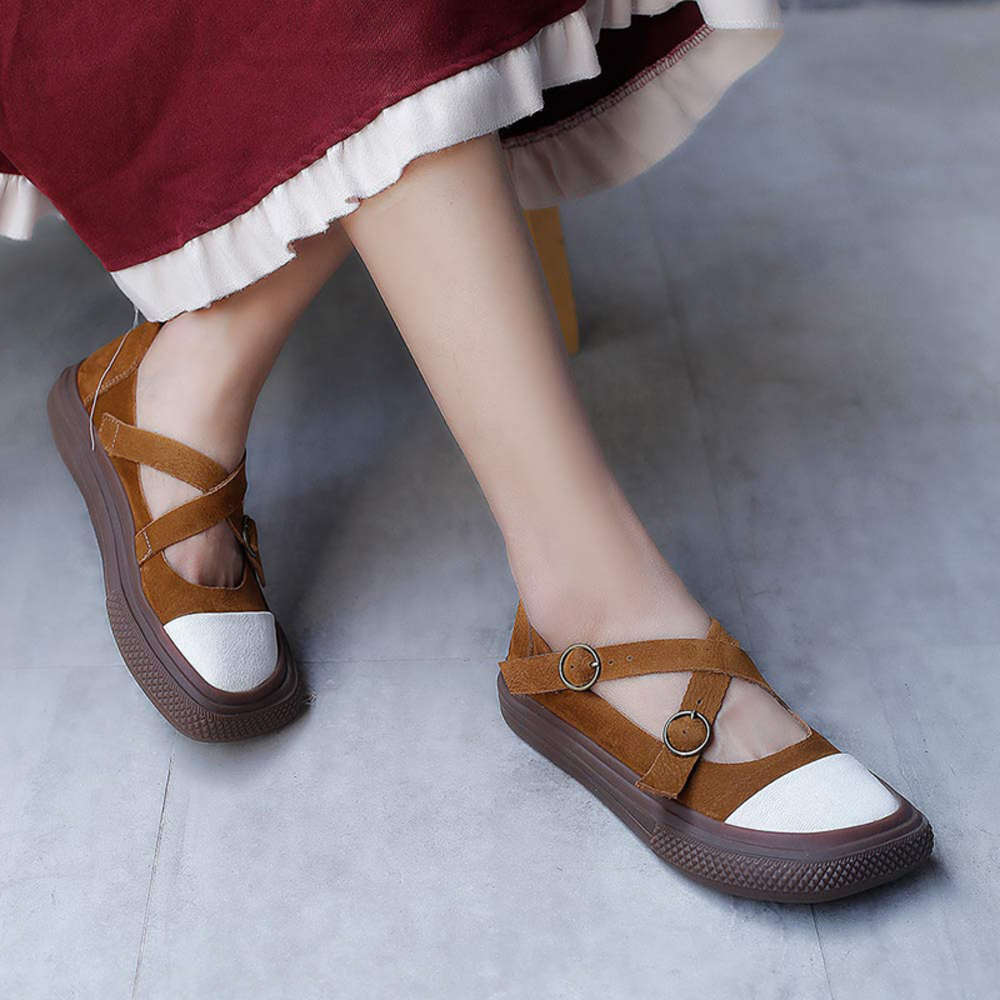 

Casual shoes Forest women's leather shoes square head color matching single 2021 spring new belt buckle intersection shallow low top casual QKH8, Black