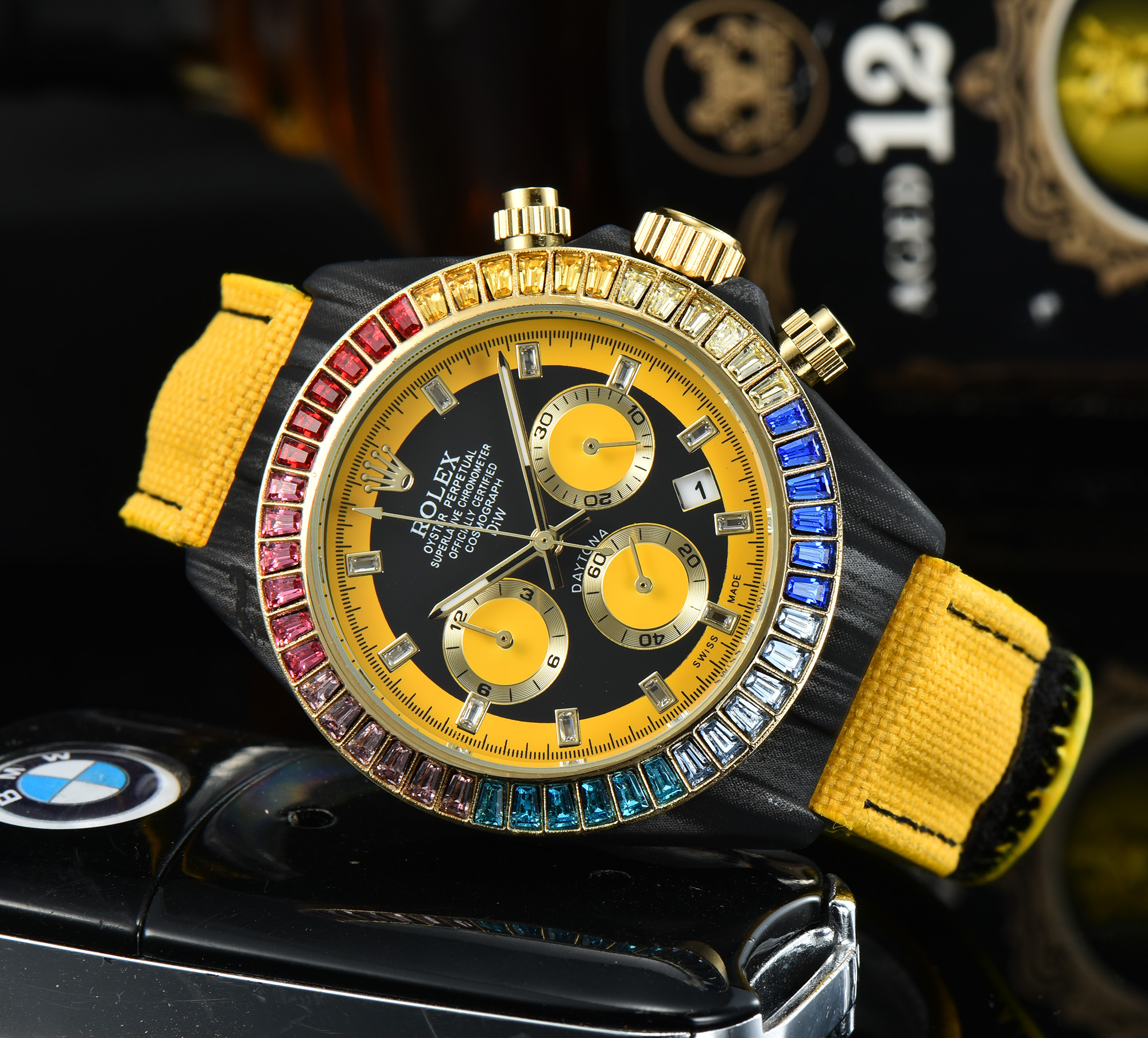 

Stainless steel mens watches diamond rainbow echanical Hand winding wrist watch Montre luxe sport All Dial Working, Slivery;brown