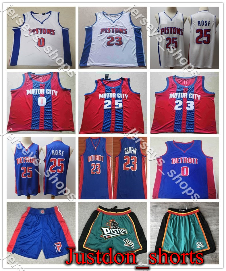 

Men Detroit Pistons shirts Blue 23 Griffin Derrick 25 Rose Grant 33 Hill Dennis 10 Rodman Isaiah Thomas Basketball Jersey Red Pants, Black;red