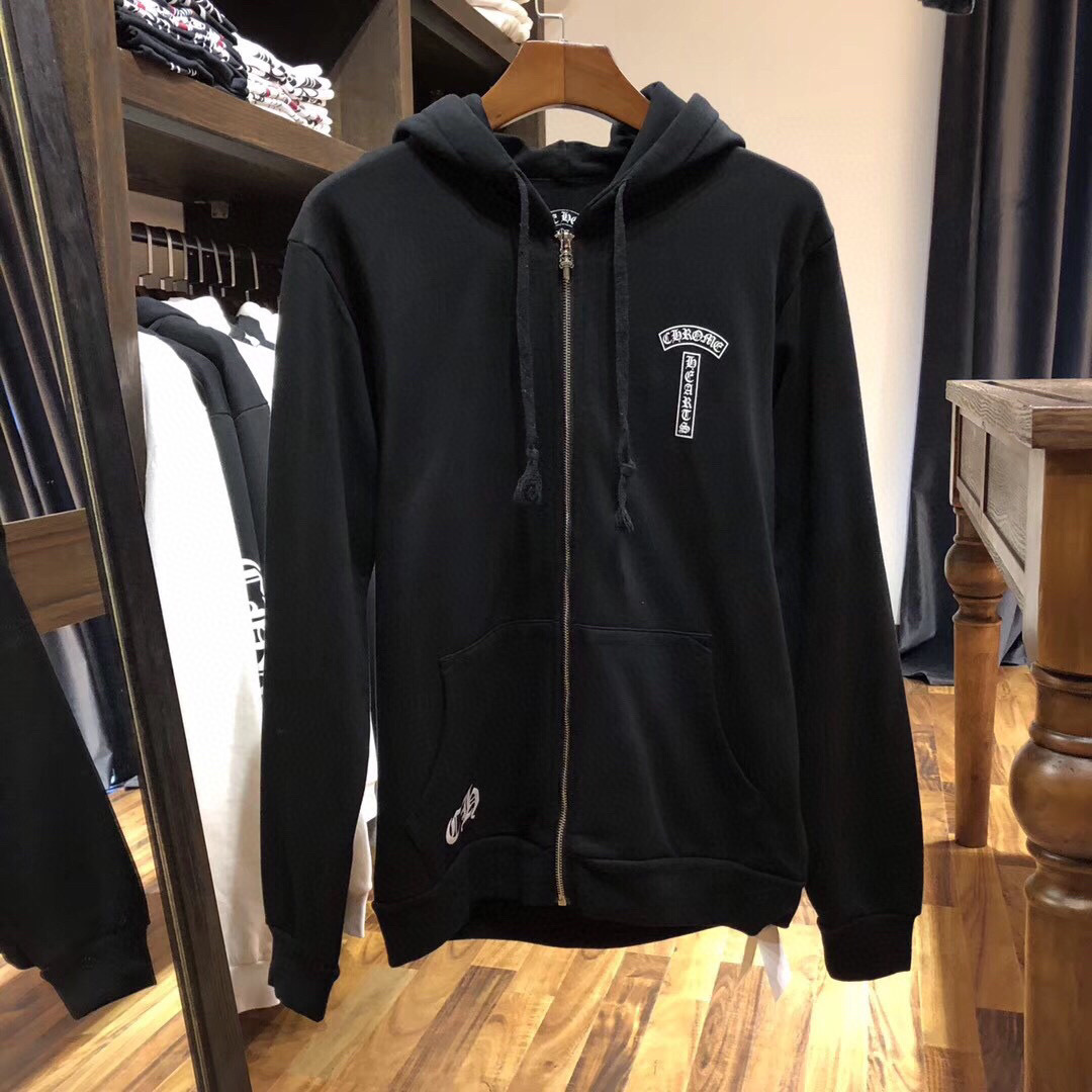 

Chrome-hearts Long Crosin Ch Sleeve Sweater Autumn and Winter Zipper Hooded Coat and Super Fire Big Horseshoe Print Men's and Women's Top, White;black