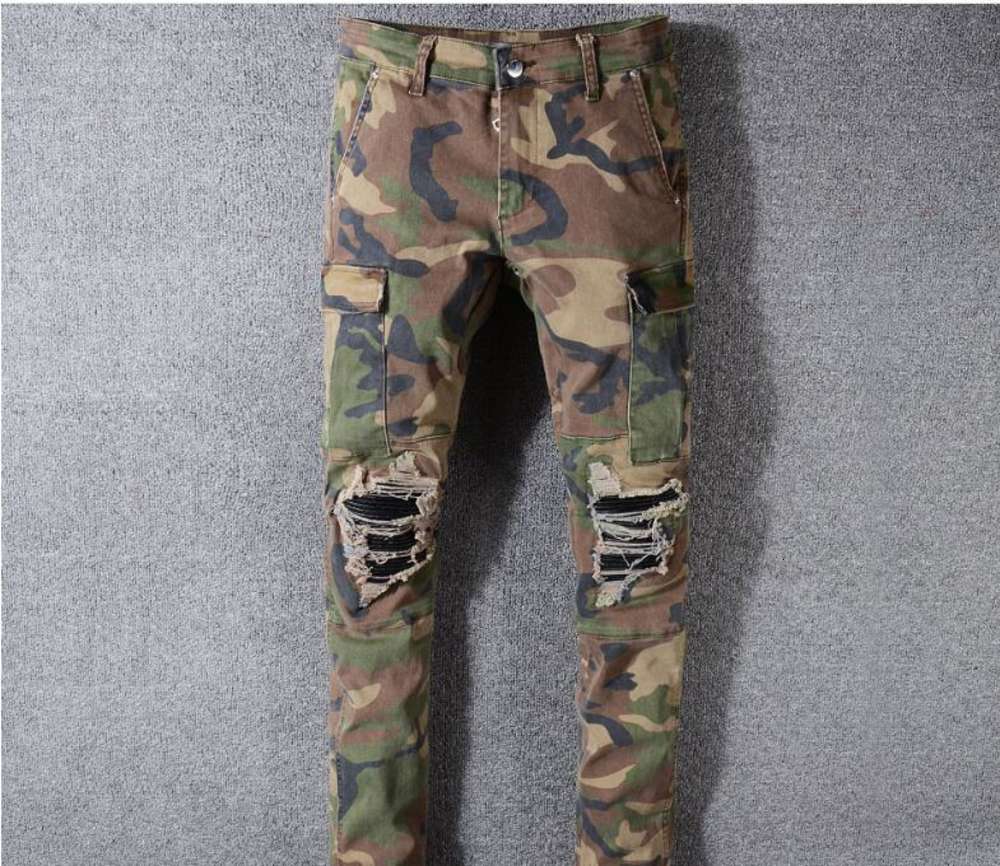 

Camo Jeans New Summer Fashion Mens Ripped Biker Casual Pants Hip Hop Jeans for Jeans Denim Long Pants, Green