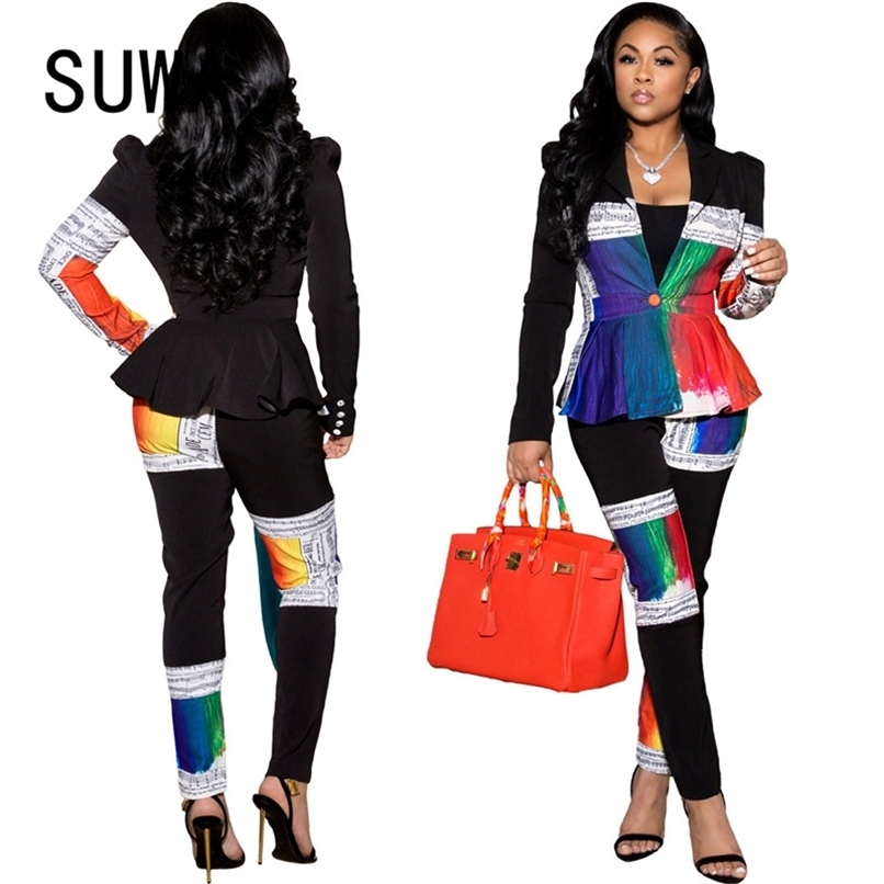 

Contrast Color Printed Fashion Office Wear Women Two Piece Matching Sets Long Sleeve Blazers Jacket Top Skinny Pencil Pants 210525, Multi