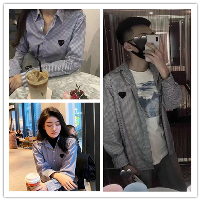 

2021 Euro American fashion brand shirt love embroidery blue stripe plaid shirt white sweater couple shirt, Black