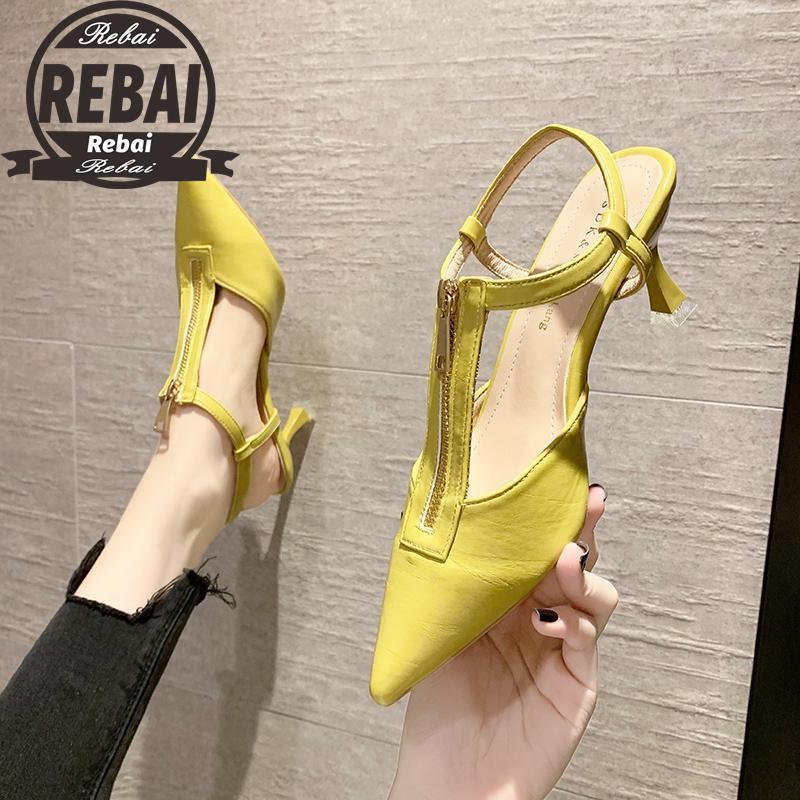 

Dress Shoes Sexy 2021 Women Sandals Summer Ladies Casual Pointed Toe Fashion Zipper Thin Heels Slingback Zapatillas Mujer Casa, Black