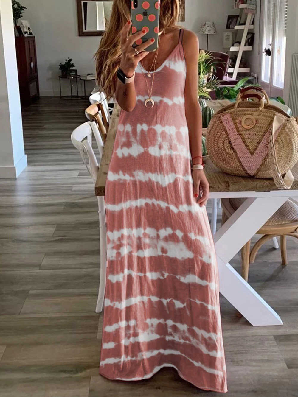 

Fashion Spaghetti Strap Sexy Long Loose Print Vest Ankle-Length Tie Dye Beach Style Summer Dress Women 210615, Blue